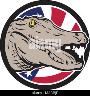 Icona di stile retrò illustrazione di un coccodrillo americano, coccodrilli della famiglia Alligatoridae con gli Stati Uniti d'America USA star lamas banner Illustrazione Vettoriale