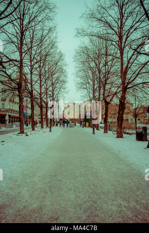 OSLO, Norvegia - marzo, 26, 2018: vista esterna delle persone che camminano per le strade a tree allineamento nel Parco Vigeland, Oslo. Coperta di neve. Foto Stock