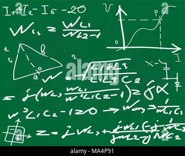 Le formule scritte sulla lavagna. Le equazioni e gli obiettivi su una lavagna verde Illustrazione Vettoriale