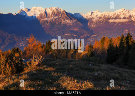 Alpago montagne dal Monte Faverghera, Prealpi di Belluno, Veneto, Italia Foto Stock