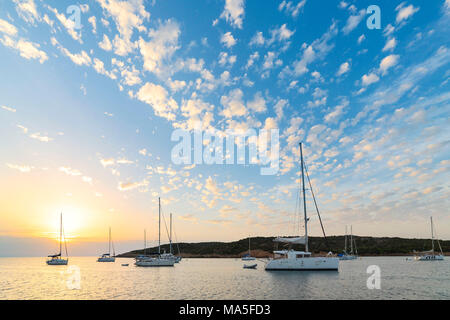 Barche a vela all'alba (Cala Portese, Isola di Caprera, Arcipelago di La Maddalena Parco Nazionale, provincia di Sassari, Sardegna, Italia, Europa) Foto Stock