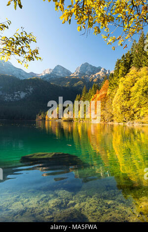 Una Veduta autunnale del Lago di Tovel (Lago di Tovel)con il Gruppo di Brenta in background, provincia di Trento, Trentino Alto Adige, Italia Foto Stock