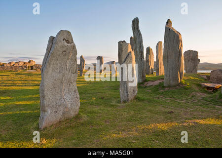 Cerchio di pietra eretto nel tardo Neolitico, Callanish,Isle of Lewis, Scozia occidentale,Regno Unito Foto Stock