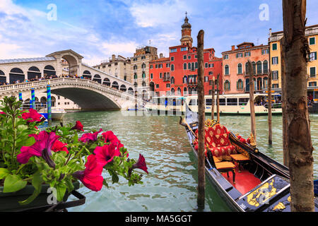 Fiori che si affaccia sul Canal Grande con la gondola e il Ponte di Rialto in background, Venezia, Veneto, Italia. Foto Stock