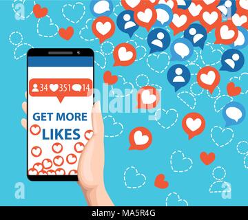 Ottieni di più gli piace. Smartphone come trazione. Concetto di SEO. Mano che tiene il magnete a ferro di cavallo. Gli elementi di design per il social network,marketing. Illustrazione Vettoriale Illustrazione Vettoriale