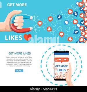 Ottieni di più gli piace. Tenere in mano il magnete a ferro di cavallo tirando o ottenere molti piace e lo smartphone. Concetto di SEO. Illustrazione Vettoriale su bianco e blu. Abbiamo Illustrazione Vettoriale