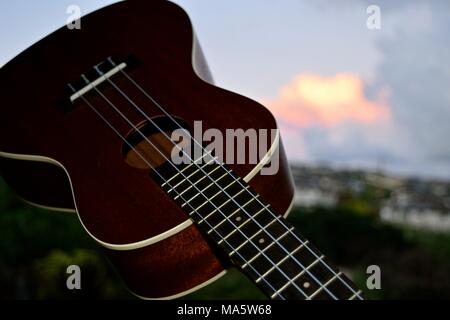 Hawaiian Ukelele adattamento dal Portugese machete, una piccola chitarra come strumento. Foto Stock