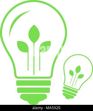 Contorno verde della lampadina elettrica con tre foglie verdi. Isolato su bianco. Profilo piatto icona. Illustrazione Vettoriale. Go Green. Eco-compatibile. Mondo Illustrazione Vettoriale