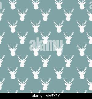 Seamless pattern invernale con silhouette di testa di cervo con corna. vettore flat ornamento di Natale sulla polvere sfondo blu Illustrazione Vettoriale