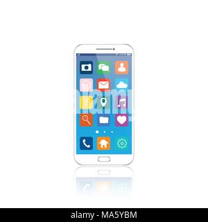 Lo smartphone bianco con il cloud di icone di applicazioni e le icone delle applicazioni battenti intorno a loro, isolato su sfondo bianco. EPS10 Illustrazione Vettoriale