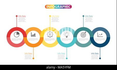 Modello Infografico Timeline orizzontali di colore numerati per sei posizione può essere usata per il flusso di lavoro, banner, diagramma, web design grafico ad area Illustrazione Vettoriale