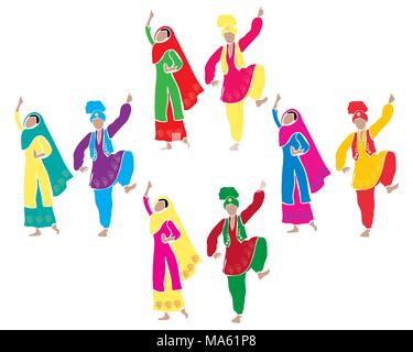 Una illustrazione vettoriale in formato eps della tradizionale Punjabi bhangra dancing con quattro coppie vestito in abiti colorati su sfondo bianco Illustrazione Vettoriale