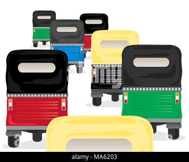 Una illustrazione vettoriale in formato eps formato 10 di coloratissimi risciò motorizzati in un ingorgo su sfondo bianco Illustrazione Vettoriale