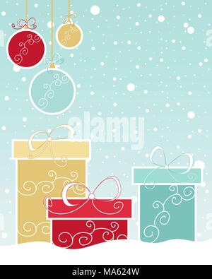 Una illustrazione vettoriale in formato eps formato 10 di festosa doni e baubles nel messaggio di saluto vintage formato carta su un sfondo innevato Illustrazione Vettoriale