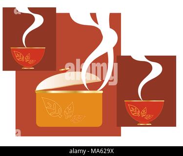 Una illustrazione vettoriale in formato eps formato 10 di un abstract casseruola con vapore e un moderno design a foglia e corrispondenza di bocce Illustrazione Vettoriale