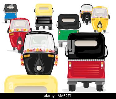 Una illustrazione vettoriale in formato eps formato 10 di coloratissimi tuk tuks in un ora di punta su sfondo bianco Illustrazione Vettoriale
