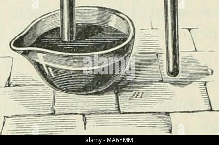 . Elementari di fisica e chimica: prima fase . Fig. 6o.-Il tubo viene prima iilled con mercurio, e poi posto con l'estremità aperta in una tazza di mercurio. Un colunin di mercurio circa trenta centimetri di lunghezza rimane nel tubo. formano un tubo dritto sigillato in corrispondenza di una estremità può essere riempito di mer- cury, e capovolta in una piccola tazza di mercurio, come mostrato in Fig. 60. Una colonna di mercurio sarà poi supportato nel tubo bv la pressione dell'atmosfera. La distanza tra Foto Stock