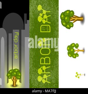 National Arbor Day. I segnalibri per i partecipanti agli eventi. Tree si illumina contro la città di grigio. Testo Arbor Day sotto forma di alberi. Fasi di crescita degli alberi. Fo Illustrazione Vettoriale