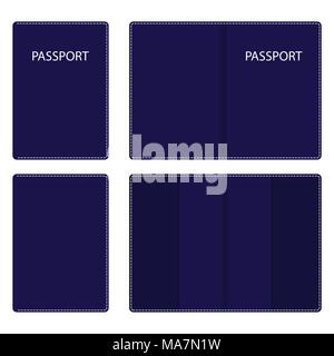 Blu scuro passaporto in pelle, coperchio aperto e chiuso, con cuciture di colore bianco lungo il contorno. Illustrazione Vettoriale Illustrazione Vettoriale