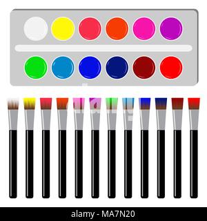 Acquarelli e pennello. Si torna a scuola illustrazione vettoriale su sfondo bianco. 12 colori delle vernici. Spazzola 12 immerso in paint Illustrazione Vettoriale