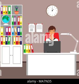 Business donna sul luogo di lavoro, scrivania, laptop, cabinet, lampada, sedia, orologio da parete, Globe, cartelle documenti illustrazione vettoriale in stile piatto Illustrazione Vettoriale