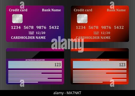 Realistiche le carte di credito, vista da entrambi i lati, set. Illustrazione Vettoriale, isolato Illustrazione Vettoriale