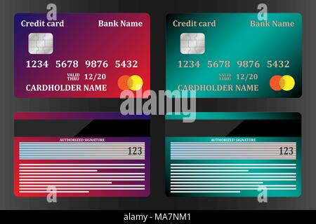 Realistiche le carte di credito, vista da entrambi i lati, set. Illustrazione Vettoriale, isolato Illustrazione Vettoriale