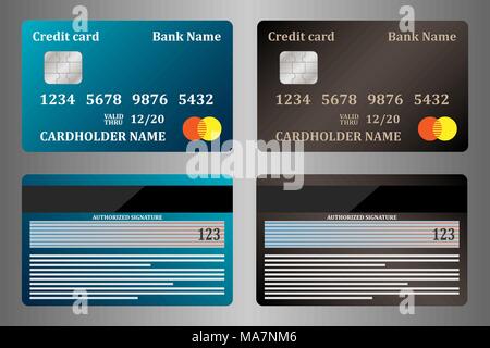 Realistiche le carte di credito, vista da entrambi i lati, set. Illustrazione Vettoriale, isolato Illustrazione Vettoriale