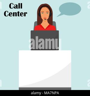 La donna a cuffie con microfono seduto alla sua scrivania con computer portatile. Operatore di call center office al lavoro. Vettore illustrazione piatta Illustrazione Vettoriale