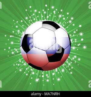 Rosso Blu e bianco Football Soccer Ball su sfondo verde con stella bianca Burst Illustrazione Vettoriale