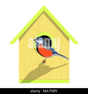 Grazioso uccello variopinto si siede su una tavola di legno birdhouse isolato su uno sfondo bianco. Illustrazione Vettoriale Illustrazione Vettoriale