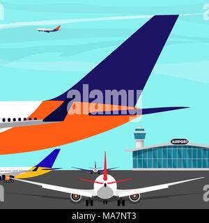 Airport Terminal, torre di controllo, piani sull'asfalto. Vettore illustrazione piatta Illustrazione Vettoriale