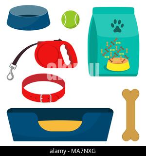 Pet care accessorio, set. Cuccia, il collare, osso, vaso, cibo, sfera una sedia a sdraio in stile appartamento illustrazione vettore isolato Illustrazione Vettoriale