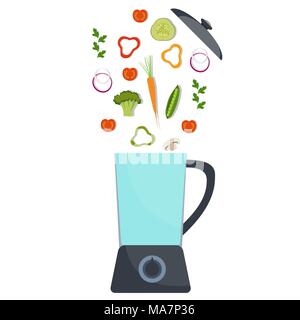 Frullatore con diversi ortaggi. Broccoli, pepe rosso pomodoro, carota, cipolla, verdi illustrazione vettoriale in stile piatto Illustrazione Vettoriale