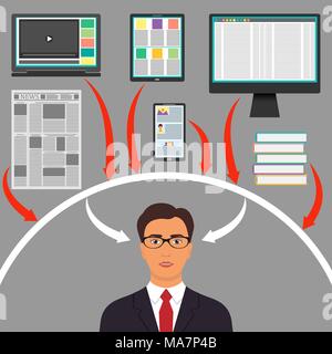 Imprenditore circondato da gadget, libri e giornali. Computer, smartphone, tablet pc laptop e frecce per la donna testa di s. Protezione da informazione Illustrazione Vettoriale
