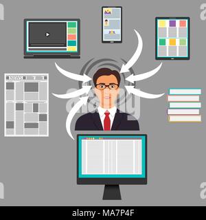 Imprenditore circondato da gadget, libri e giornali. Computer, smartphone, tablet pc laptop e frecce per la donna testa di s. Protezione da informazione Illustrazione Vettoriale