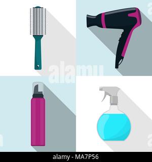 Parrucchiere icone strumenti, set. Asciugacapelli, spazzola per capelli, spray, mousse. Professione parrucchiere simboli con lunghe ombre. Illustrazione Vettoriale, piatto Illustrazione Vettoriale