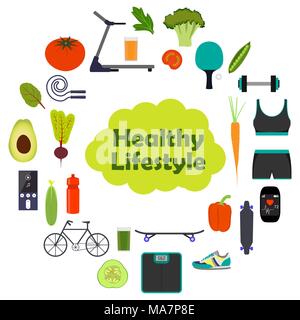 Icone di cibo sano, verdure e attrezzature sportive per praticare diversi sport. Uno stile di vita sano illustrazione icon set. Vita sana nozione, vettore Illustrazione Vettoriale