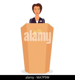 La donna in un business suit si erge su un podio davanti ai microfoni. Donna oratore parlando dalla tribuna. Illustrazione Vettoriale Illustrazione Vettoriale