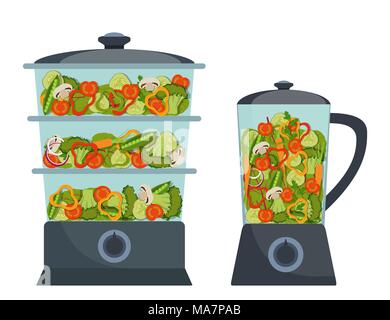 Elegante e moderna doppia caldaia e frullatore con diversi ortaggi all'interno. Broccoli, pepe rosso pomodoro, carota, cipolla, verdi. Illustrazione Vettoriale in Illustrazione Vettoriale