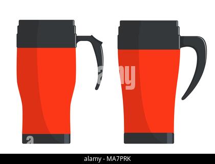 Moderne termo tazze, travel mug, thermoses isolati su sfondo bianco. Illustrazione Vettoriale in stile piatto Illustrazione Vettoriale