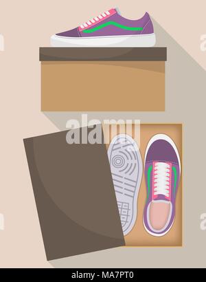 Elegante e moderna sneakers nella casella, vista laterale e dall'alto. Sneakers in una scatola di scarpe. Sport o scarpe casual. Illustrazione di una calzatura store. Vettore illustra piatta Illustrazione Vettoriale
