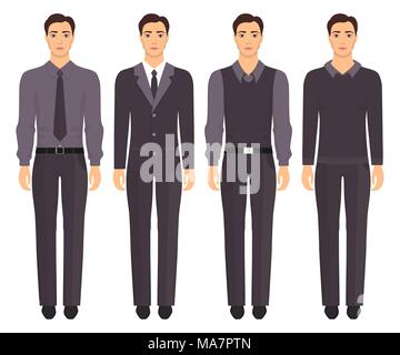 Giovane uomo in piedi in piena crescita in diversi abiti formali. Uomo in eleganti e abiti casual. Armadio di base. Illustrazione Vettoriale, isolato Illustrazione Vettoriale