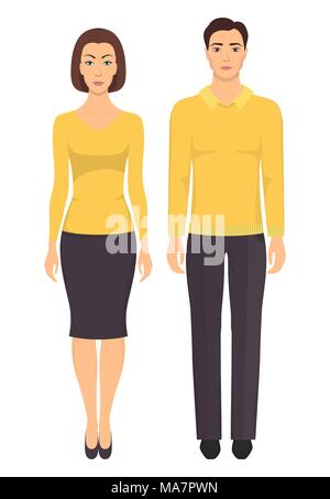Matura in vestiti eleganti. Giovane uomo e donna in piedi in piena crescita in abiti casual. Armadio di base. Illustrazione Vettoriale, isolato Illustrazione Vettoriale