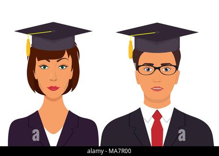 Studente di laurea avatar. L uomo e la donna nella graduazione dei cappucci. Illustrazione Vettoriale in stile piatto Illustrazione Vettoriale