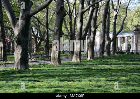 Gli alberi e il verde erba la linea di un percorso che conduce a un padiglione a Monsignor McGolrick Park, a Brooklyn, New York City, maggio 2013. Foto Stock