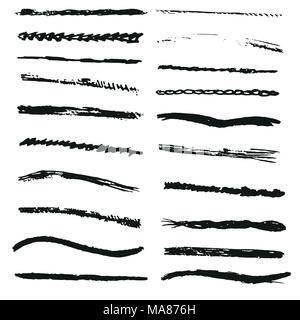 Set di disegnato a mano vernice nero, inchiostro pennellate, spazzole, linee. Sporco design artistico elementi isolati su sfondo bianco Illustrazione Vettoriale