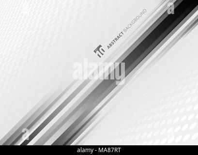 Astratto modello di cerchio di colore bianco e grigio in prospettiva con sfondo nero rigato inclinato di gradiente geometrico. texture di mezzitoni. Vector Graphic ill Illustrazione Vettoriale