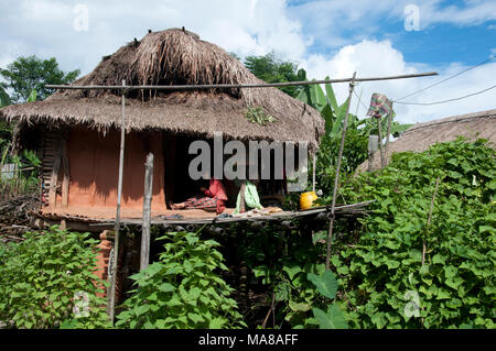 Il Nepal 2014. Distretto di Sankhuwasabha. La donna seduta sulla terrazza di bambù di una casa tradizionale in legno e fango (graticcio e daub). Foto Stock