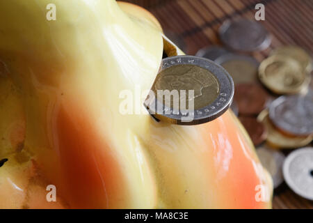 Moneta thailandese con una denominazione di 10 baht nel foro della scatola di denaro, monete di sfondo - Lato posteriore Foto Stock